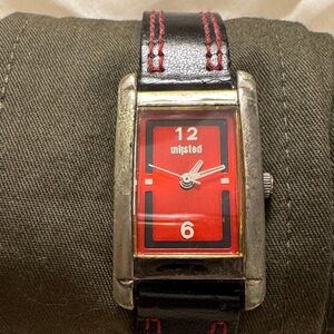 Unlisted by Kenneth Cole Red Rectangular Dial Watch with Black Strap